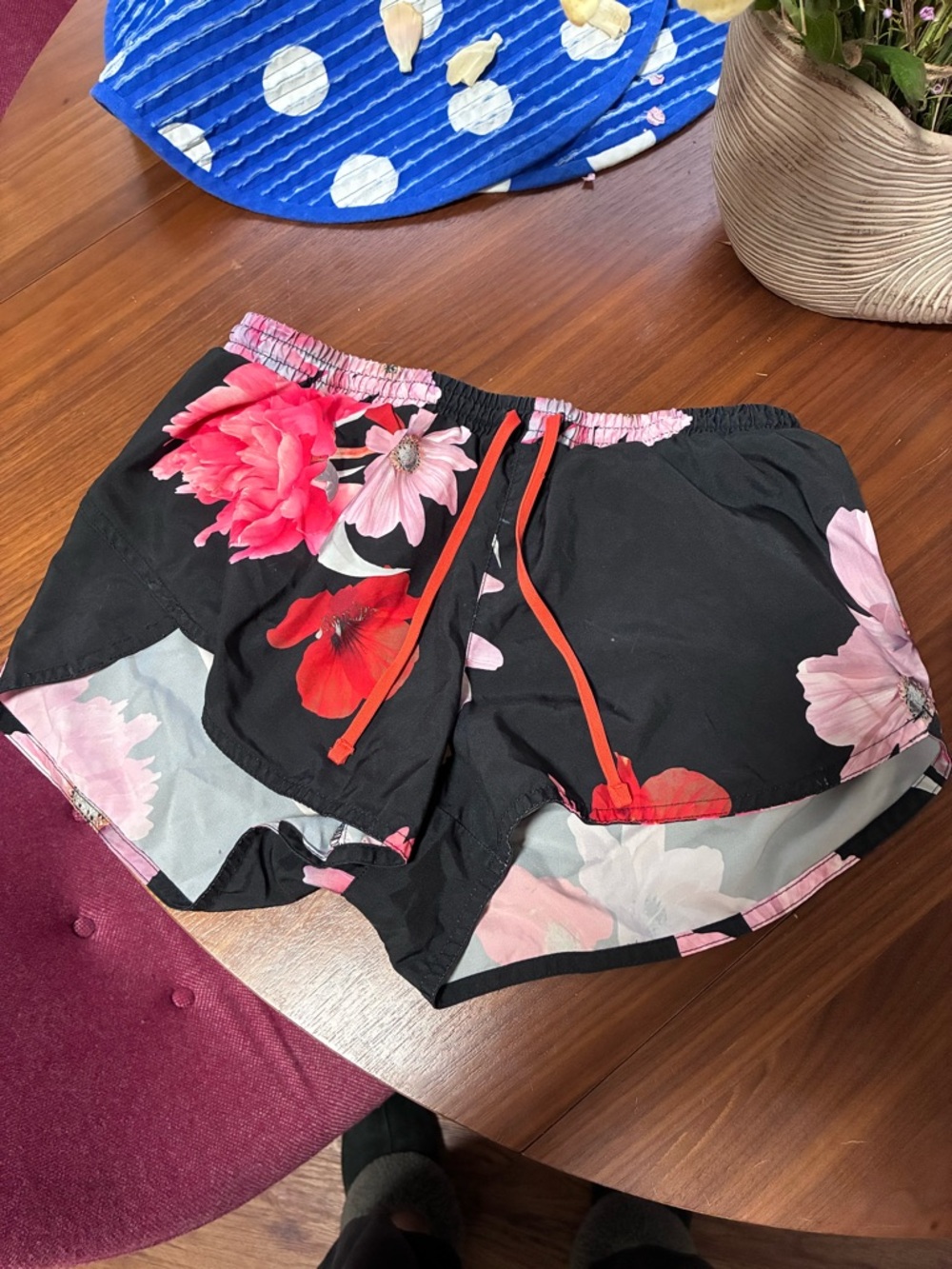 Old Navy Black Floral Athletic Shorts with Red Drawstring
